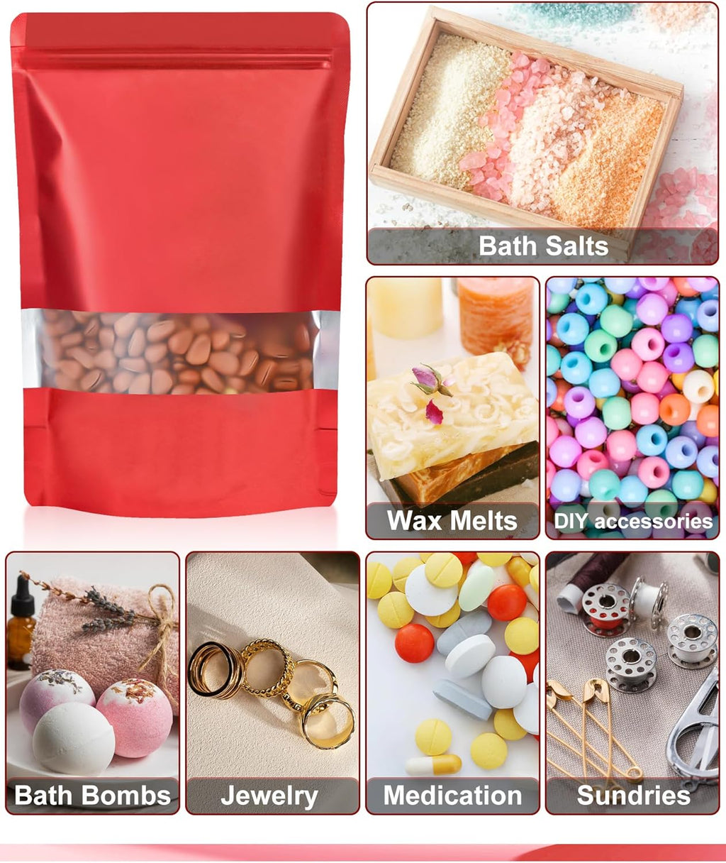 FireKylin 100 Pack Smell Proof Bags 7.9" x 11.8", Resealable Bags with Matte Window, Foil Pouch Stand Up Sealable Bags for Packaging（Red）