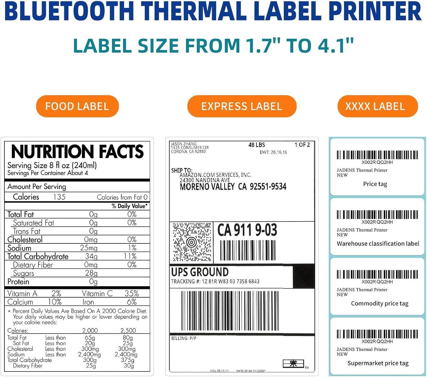 JADENS Bluetooth Thermal Shipping Label Printer - High Speed 4x6 Wireless Label Maker Machine, Support PC, Phone, USB for MAC, Compatible with Ebay, Amazon, Shopify, Etsy, USPS Barcode, Mailing