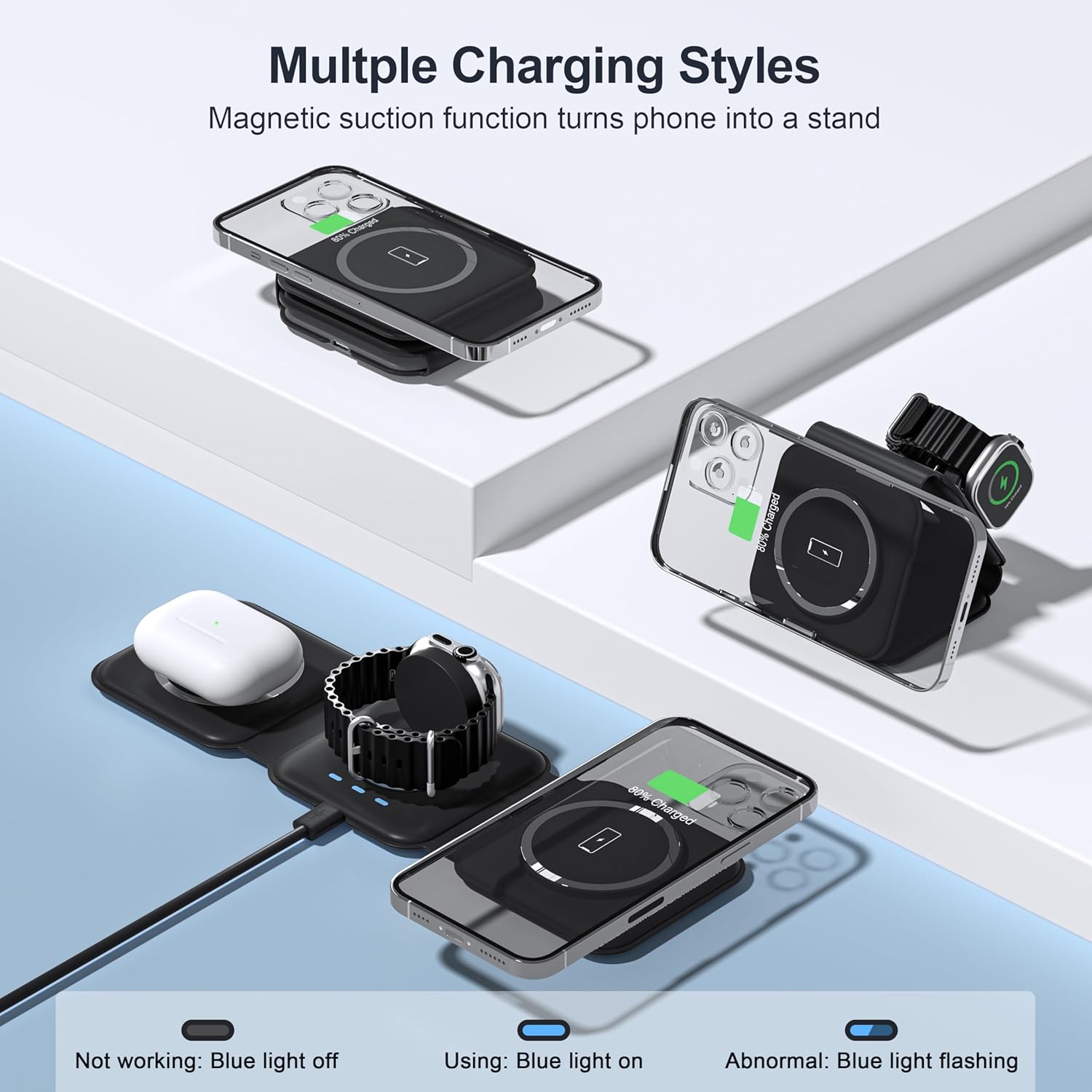 UCOMX 3 in 1 Charging Station for Multple Devices,Foldable 3 in 1 Wireless Charger for Travel,Nano Wireless Charging Station for iPhone16 15 14 13 12 Pro Max/Watch 10 9 8 7 6 5 4 3 Ultra/AirPod Pro