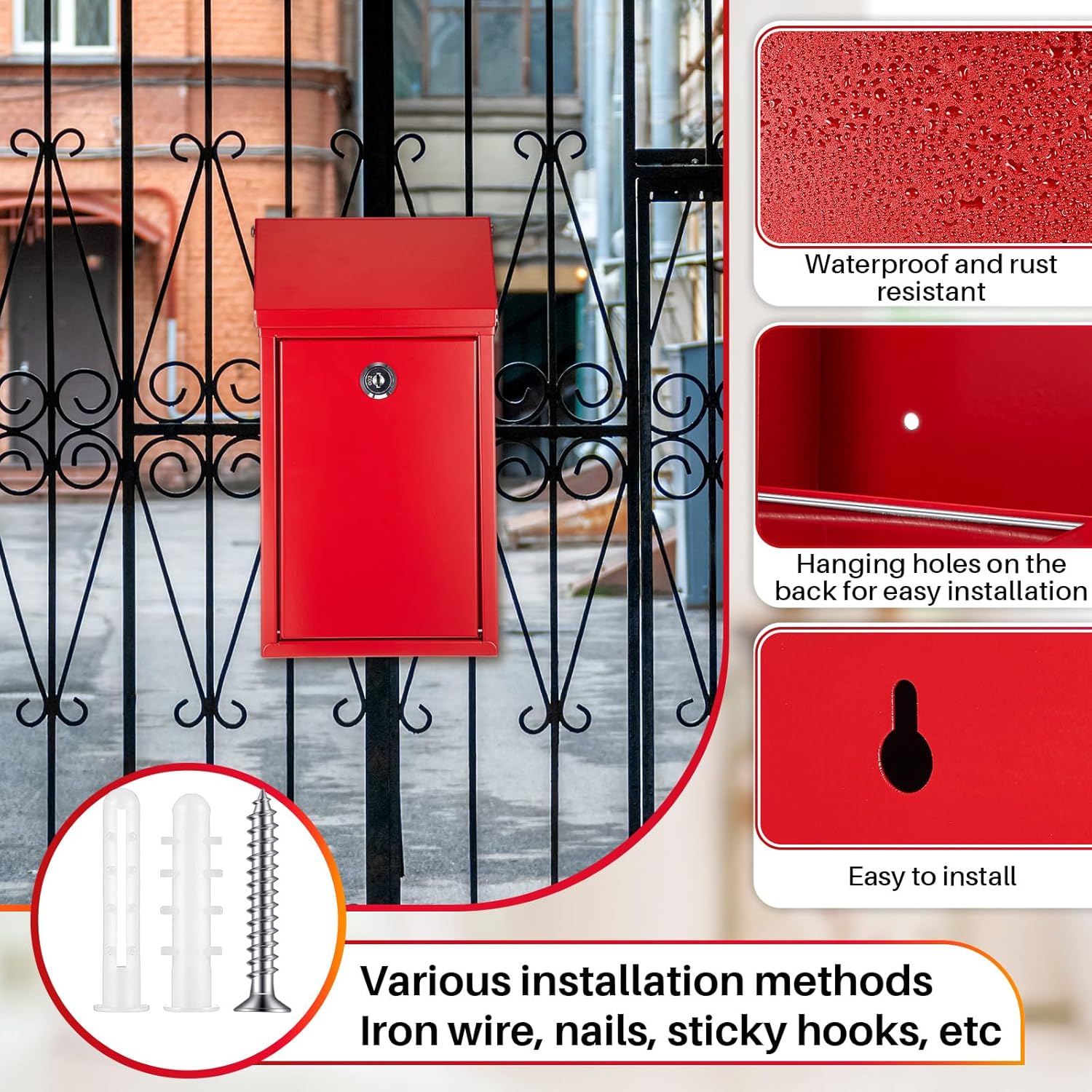 Metal Donation Box Collection Safe Suggestion Box with Slot and Lock Waterproof Wall Mounted Mailbox Money Container Lock Key for Home Outdoor Door, 10.2 x 5.7 x 3 Inch(Red)