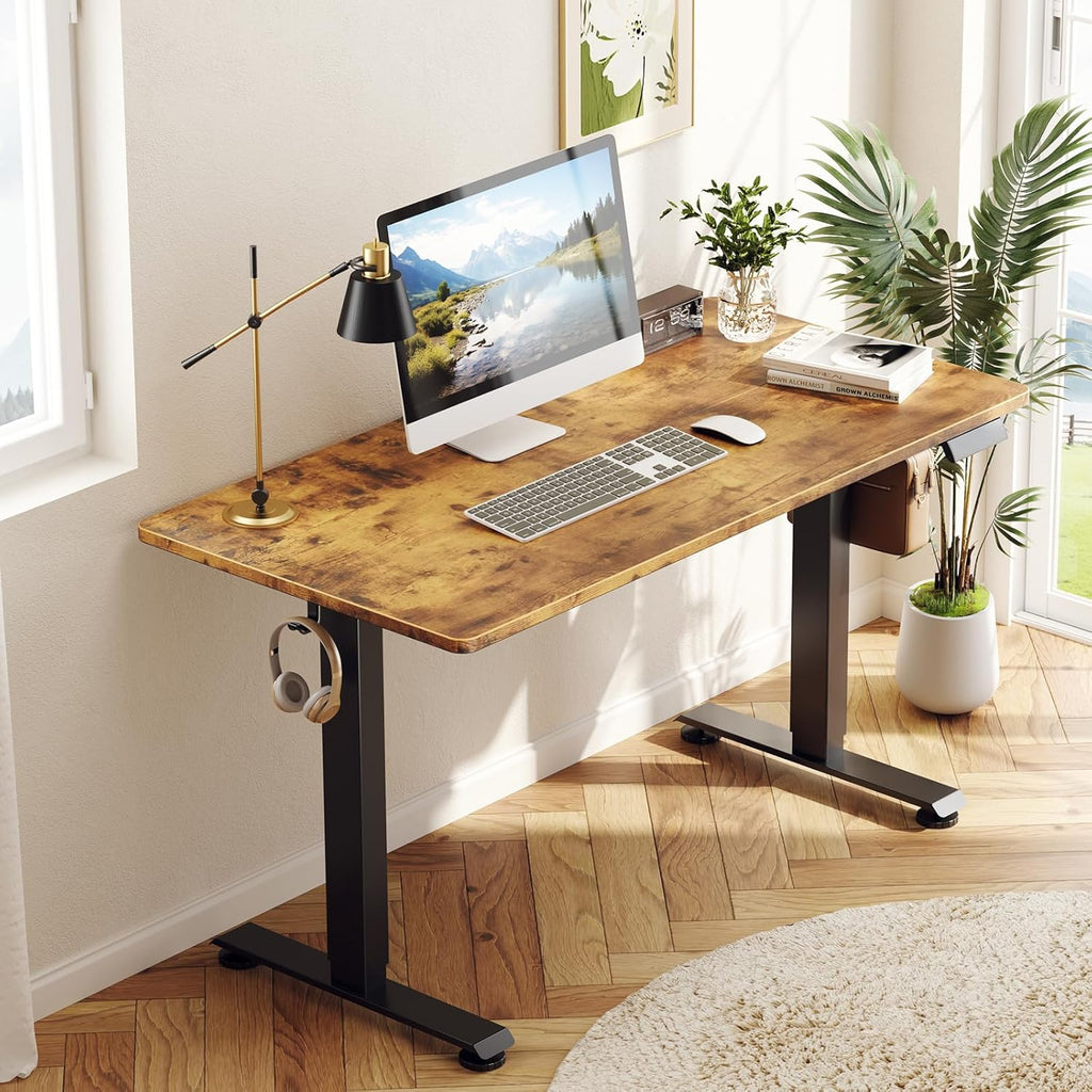 Veken 55 Inch, Height Adjustable Sit Stand Up, Wood Desktop, Work Home Office Computer PC Table, Tall Standup Workstation, Gaming Writing Study Bedroom Rising Desks, Brown