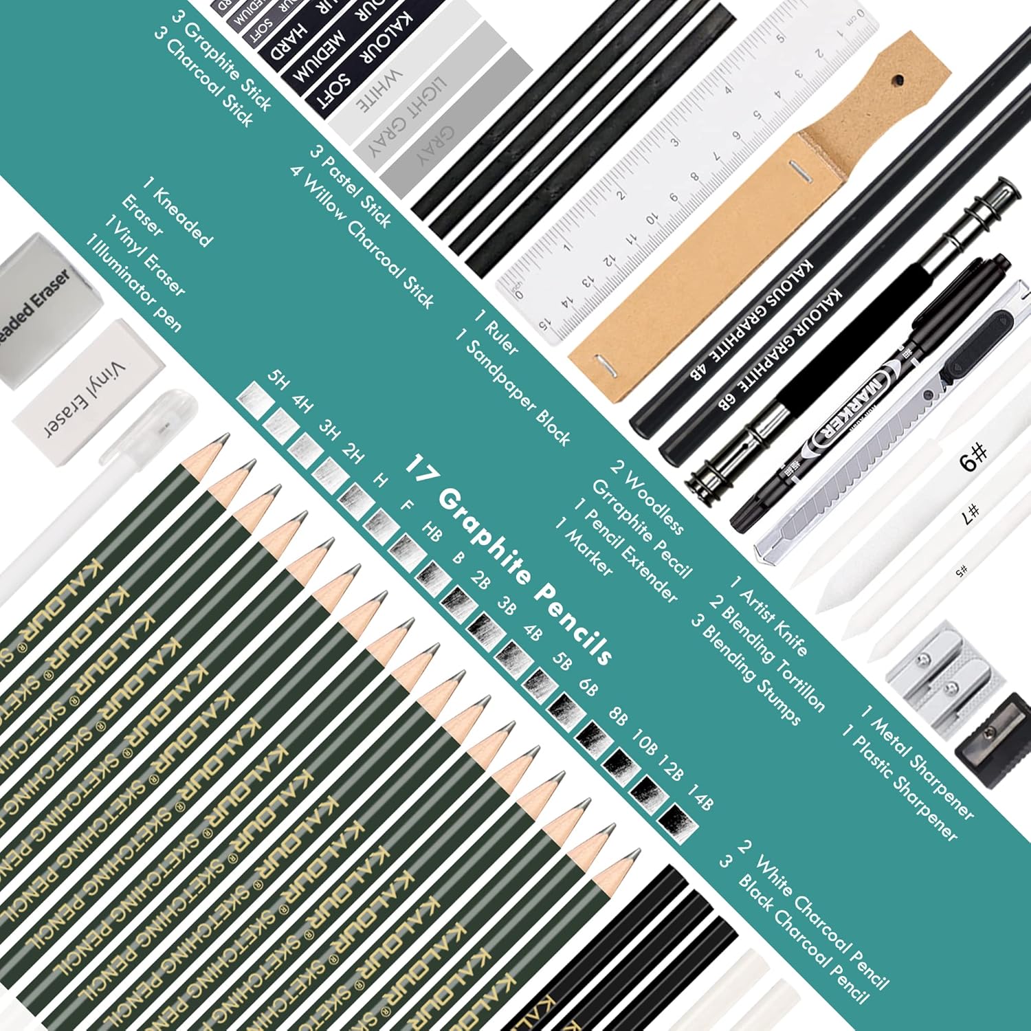 KALOUR 54-Pack Sketch Drawing Pencils Kit with Sketchbook,Include Graphite,Charcoal Pencils and Artists Tools,Pro Art Drawing Supplies for Adults Kids Beginners,ideal for Sketching Shading