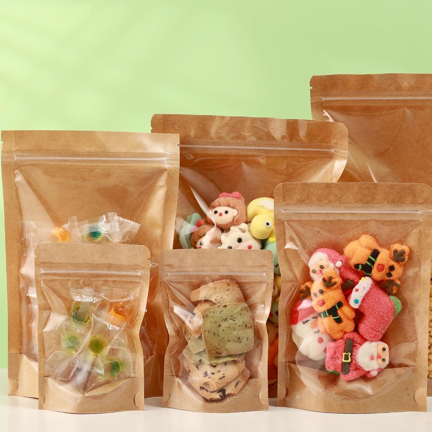 300-Pack Kraft Paper Bags with Clear Window 5" x 8" Reclosable Small Stand Up Mylar Bags for Food Storage Resealable Smell Proof Pouch, Edible Packaging, Reusable bags for Small Business