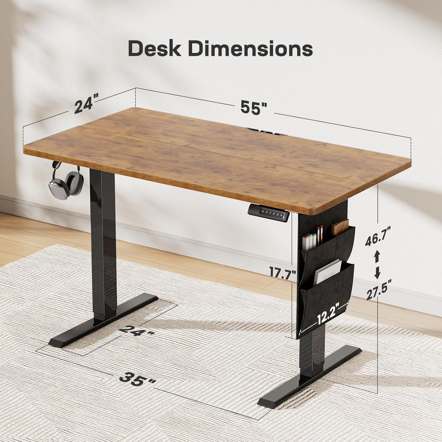 Marsail Standing Desk 55"x24" Adjustable Height Electric Standing Desk with Storage Bag for Study Writing Work 4 Memory Preset with Headphone Hook