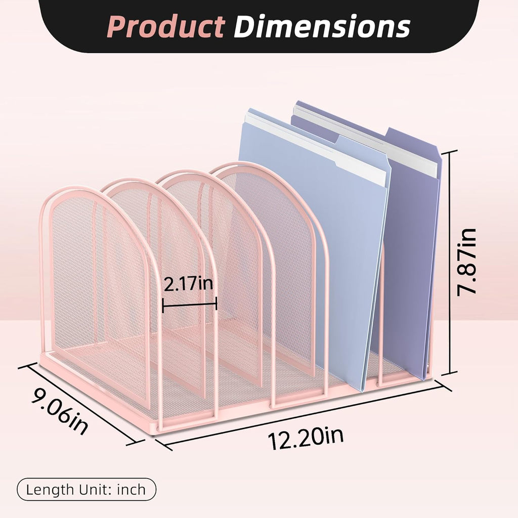 SUPEASY File Organizer - 5-Section Mesh Desktop File Sorter, Upright File Folder Holder for Office Supplies, Pink