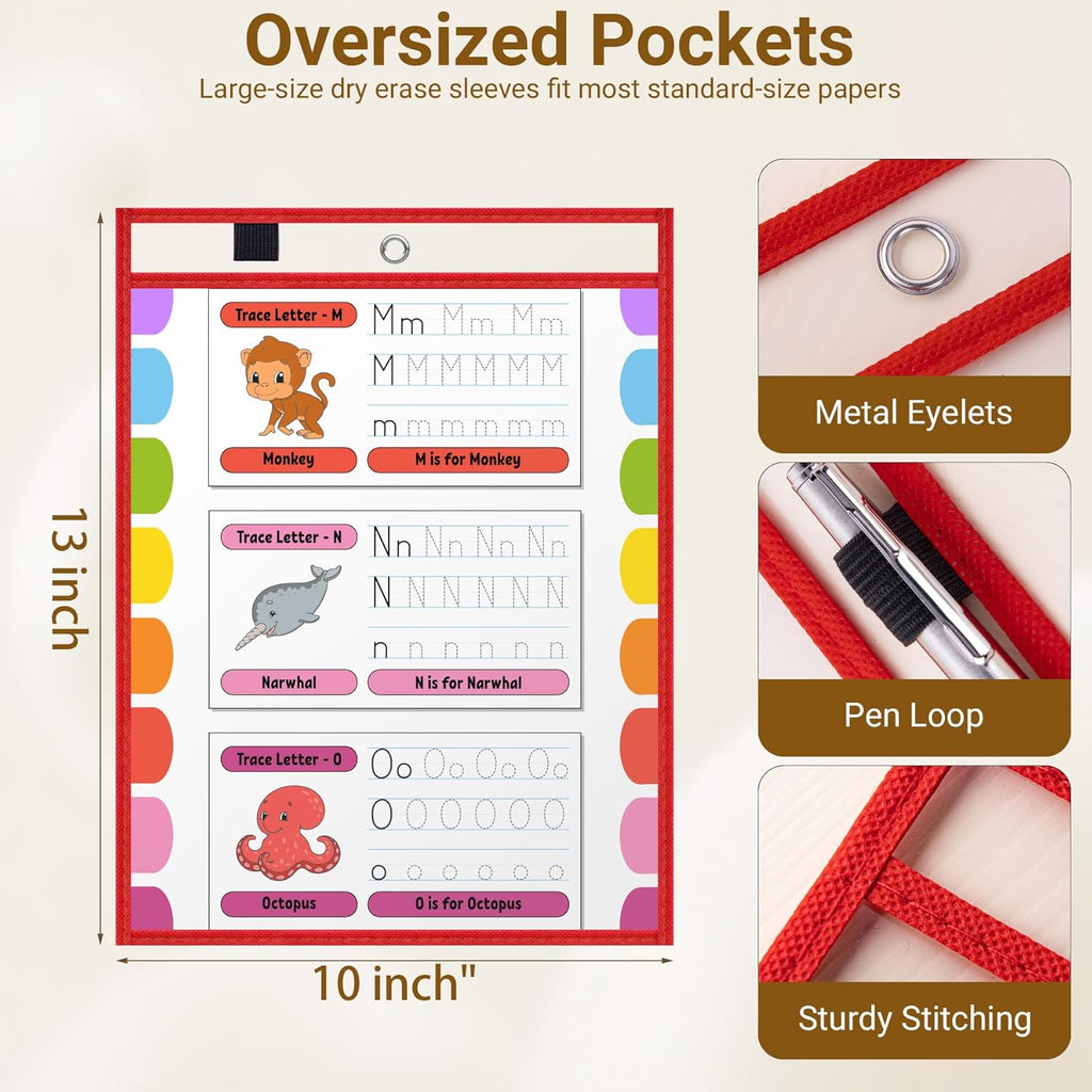 30 Pack Oversized Dry Erase Pocket Sleeves - 10 x 13 Inch Ticket Holders Reusable Clear Plastic Sleeves Sheet Page Protectors for School Teacher Supplies & Classroom Organization, 5 Colors