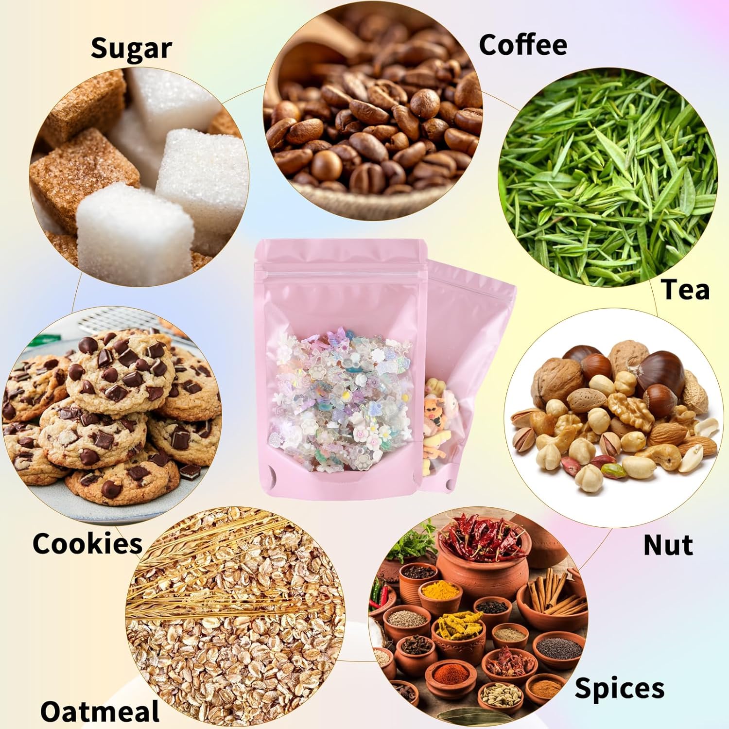 150 Pcs Mylar Bags for Food Storage, 6x9 Mylar Bag with Window Stand Up, Bulk Holographic Resealable Bags Smell Proof Bag Food Packaging for Small Business Freeze Dried Candy Jewelry Foil Packaging