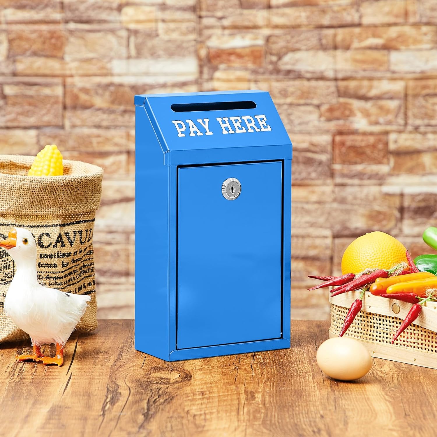 Safe Cash Box Money Collection Metal Donation Box with Lock Wall Mount Pre Drilled Mailbox Delivery Ballot for Home Office Outdoor Self Serve Stand(Blue,10.2 x 5.7 x 2.8 Inch)