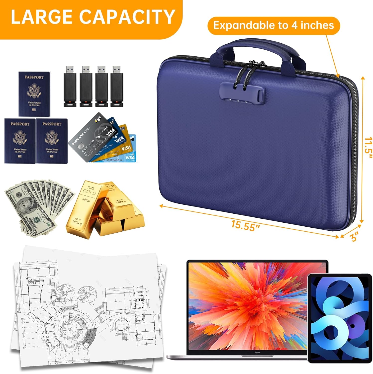 DocSafe Fireproof File Organizer with Lock, Hard-Shell Case Fireproof Document Box with 13 Pocket Accordion File Folder, Portable Home Office Travel Safe Storage for Important Documents Laptop Blue