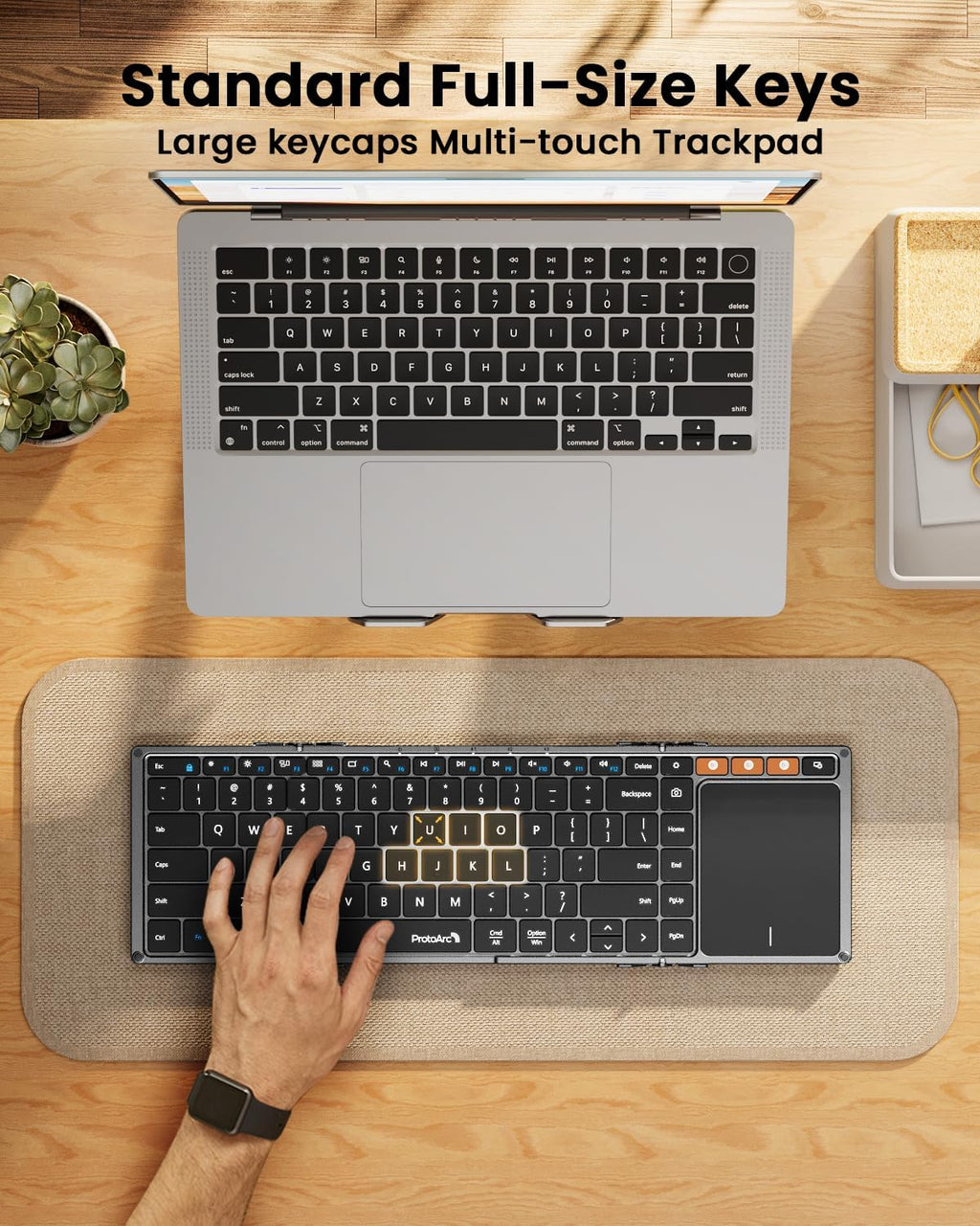 ProtoArc Foldable Keyboard with Touchpad, XK01 TP Folding Portable Keyboard, Full Size Keys, Large Trackpad Bluetooth Travel Keyboards for Laptop PC Tablet - Black Gray