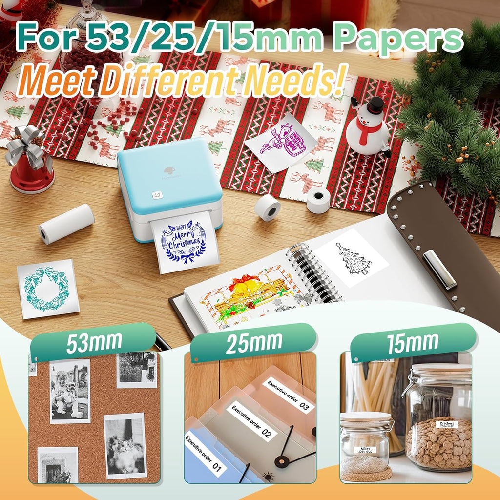 Phomemo Mini Printer Sticker Maker - Mini Sticker Printer P2S, Print Pod Pocket Machine Bluetooth Thermal Label Maker for Study Notes, Photos, List, Journal, Memo, Gift, Receipt, 3 Rolls, Cyan
