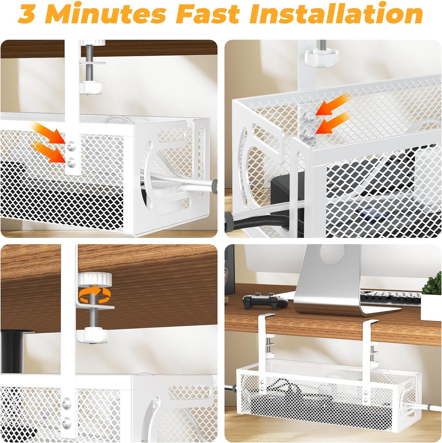 Under Desk Cable Management Tray, 15.7'' No Drill Steel Desk Cable Organizers, Wire Management Tray Cable Management Rack (2 Packs-White)