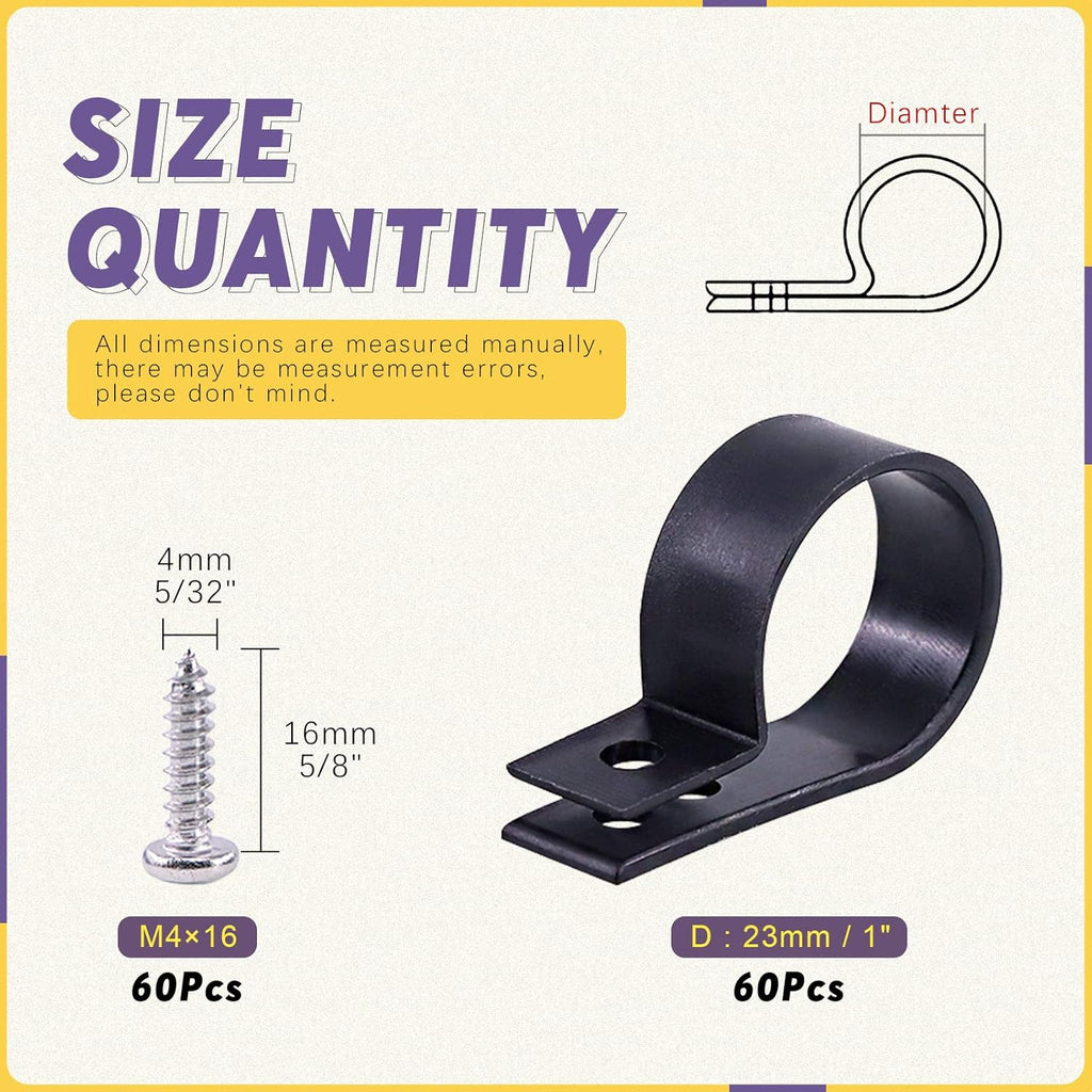 Swpeet 60 Pack Black 1 Inch Nylon Plastic R-Type Cable Clips Clamp Kit, Nylon Screw Mounting Cord Fastener Clips with 60 Pack Screws for Wire Management