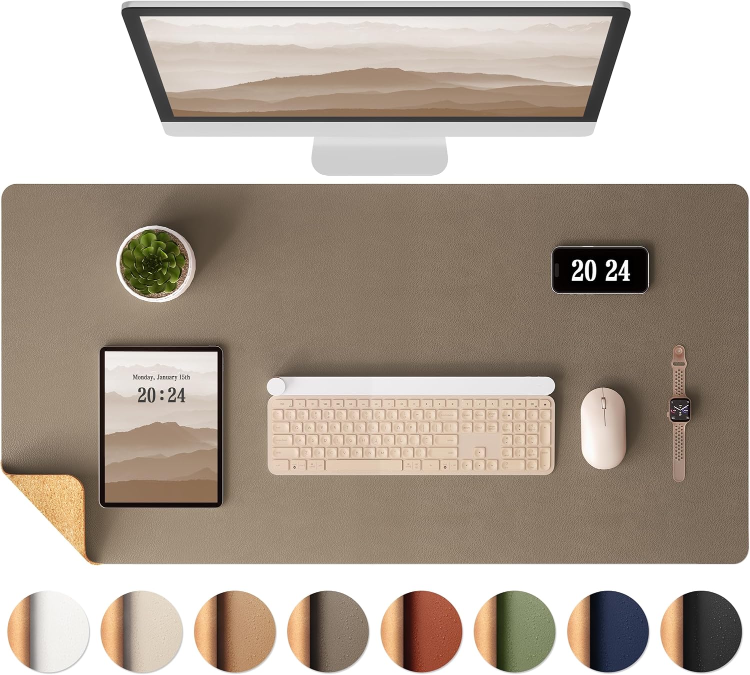 Aothia Dual-Sided Desk Pad - Leather Desk Mat, Natural Cork Desk Pad Protector, Large Mouse Pad for Desk, Waterproof Desk Blotter Pad, Desk Writing Pad for Office Work/Home, Coffee (35.4" x 15.7")