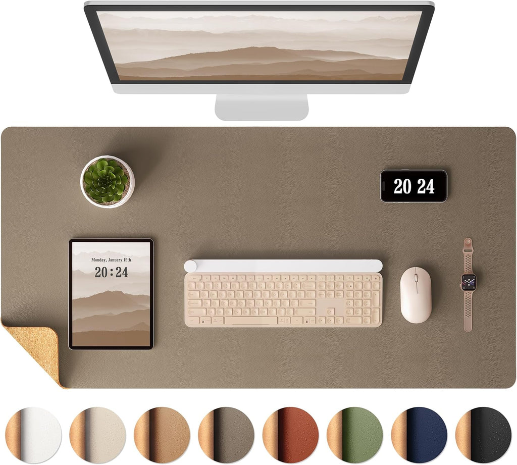 Aothia Dual-Sided Desk Mat - Leather & Cork Desk Protector, Large Mouse Pad & Writing Pad for Office/Home, Coffee (25.6"x13.7")