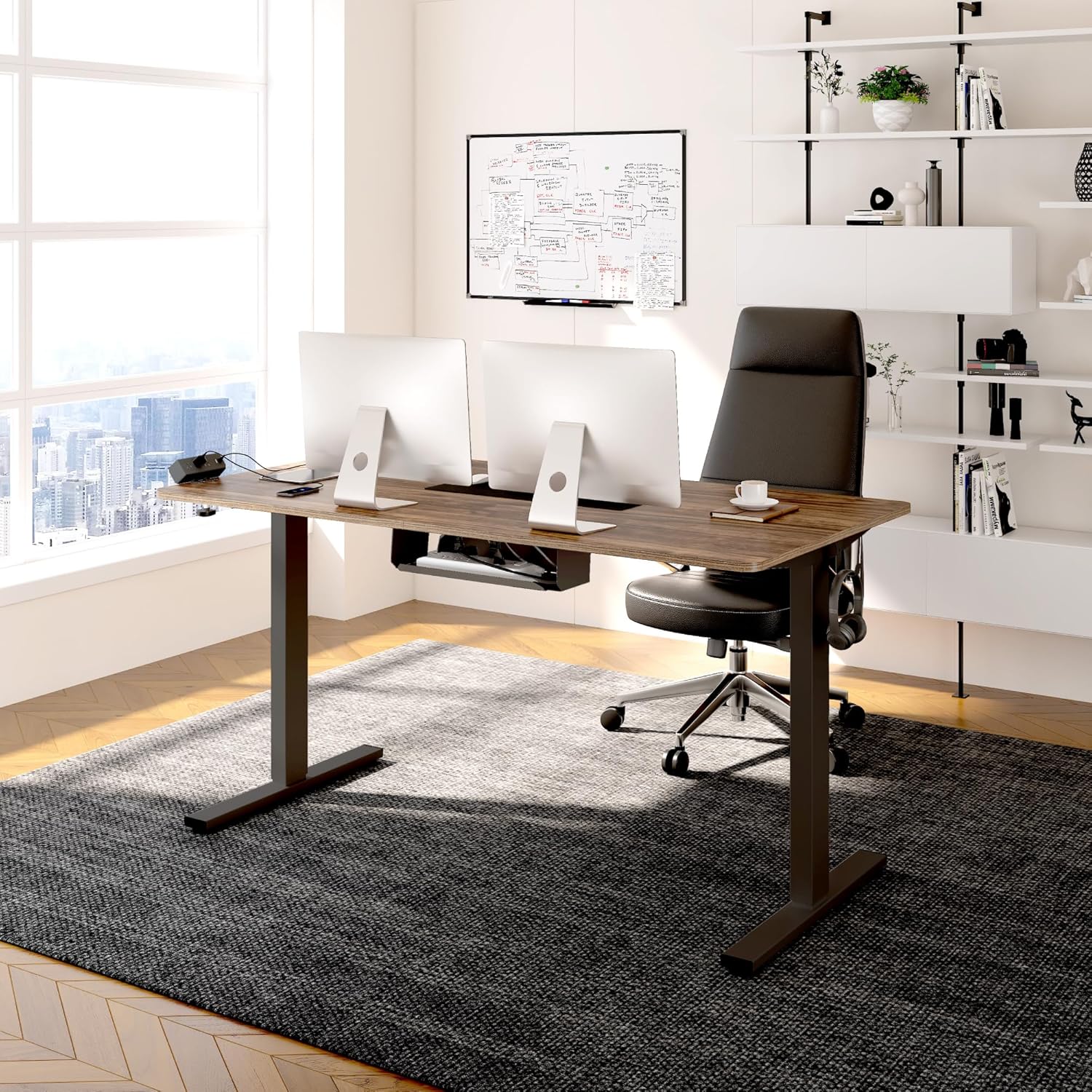 FLEXISPOT EN2 Whole-Piece Standing Desk with Clamp Power Strip, 48 x 24 Electric Stand Up Height Adjustable Desk with Cable Management (Black Frame + 48" Black Walnut Desktop, 2 Packages)