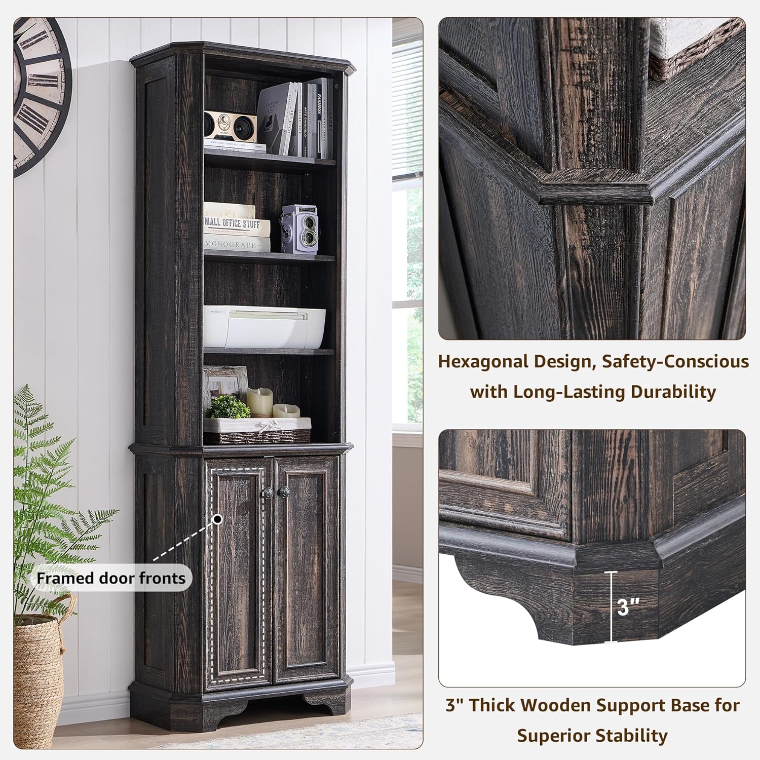 T4TREAM 6-Tier Bookshelf with Storage, 72" Tall Farmhouse Bookcase with Doors and Adjustable Shelves, Wooden Floor Standing Display Book Shelf Organizer for Home Office, Dark Rustic Oak