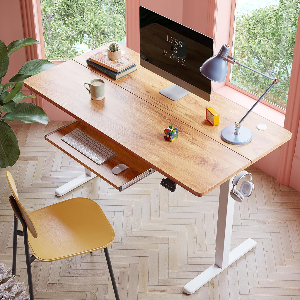 FEZIBO Standing Desk with Keyboard Tray, 60 x 24 Inch Adjustable Height Sit Stand Desk with Memory Presets for Home Office, Ergonomic Computer Workstation, Light Rustic