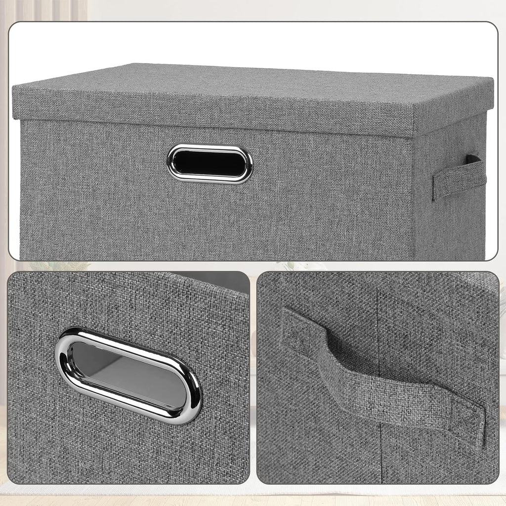 Large 17" 36 Quart Collapsible Stackable Storage Bins with Lids, 3 Packs Grey Linen Fabric Closet Boxes with Lids, Storage Cube Baskets Container Organizers for Bedroom Office(17 x12 x11)