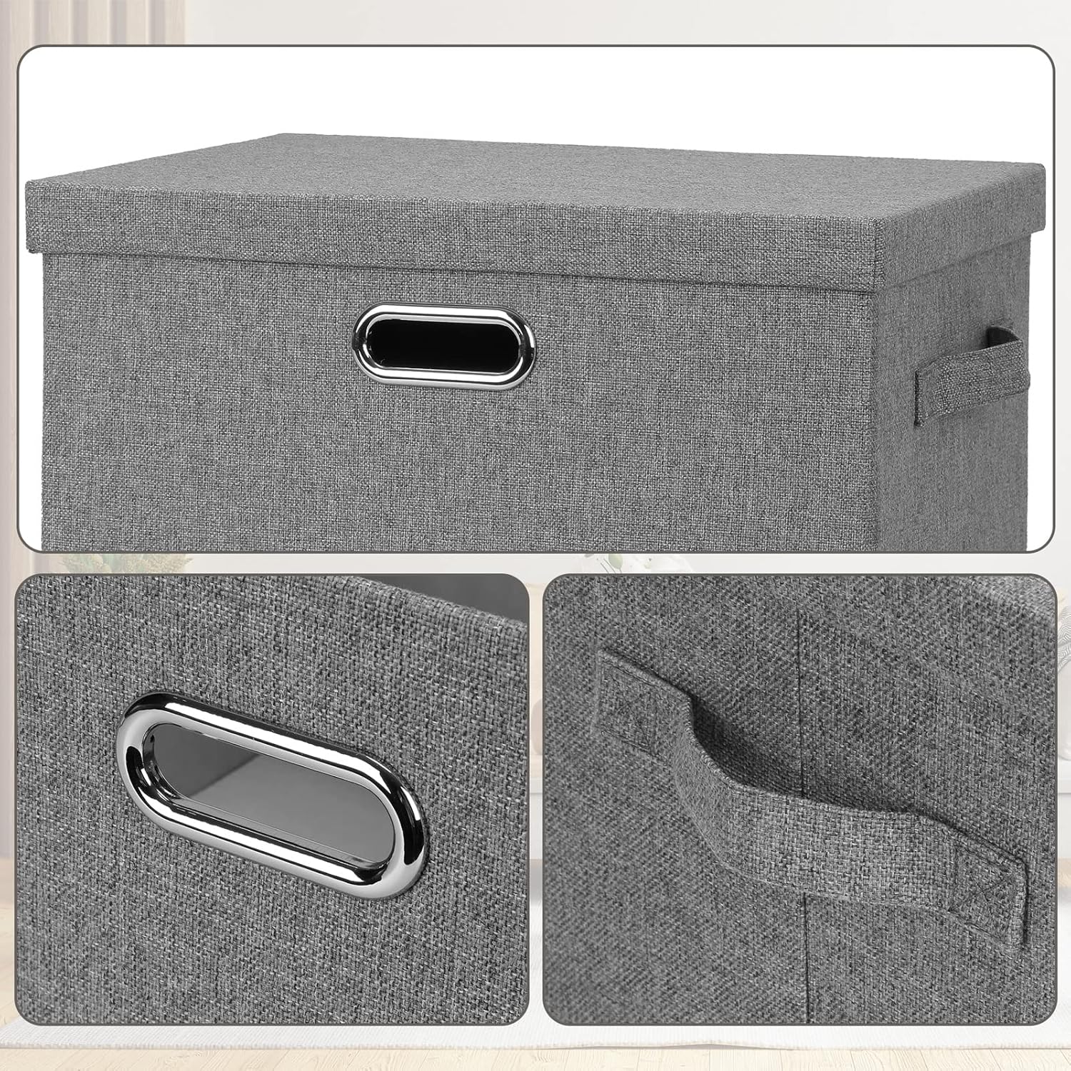 Large 17" 36 Quart Collapsible Stackable Storage Bins with Lids, 1 Pack Grey Foldable Fabric Closet Storage Boxes with Lids, 4 Handles Heavy-duty Linen Cube Baskets for Bedroom