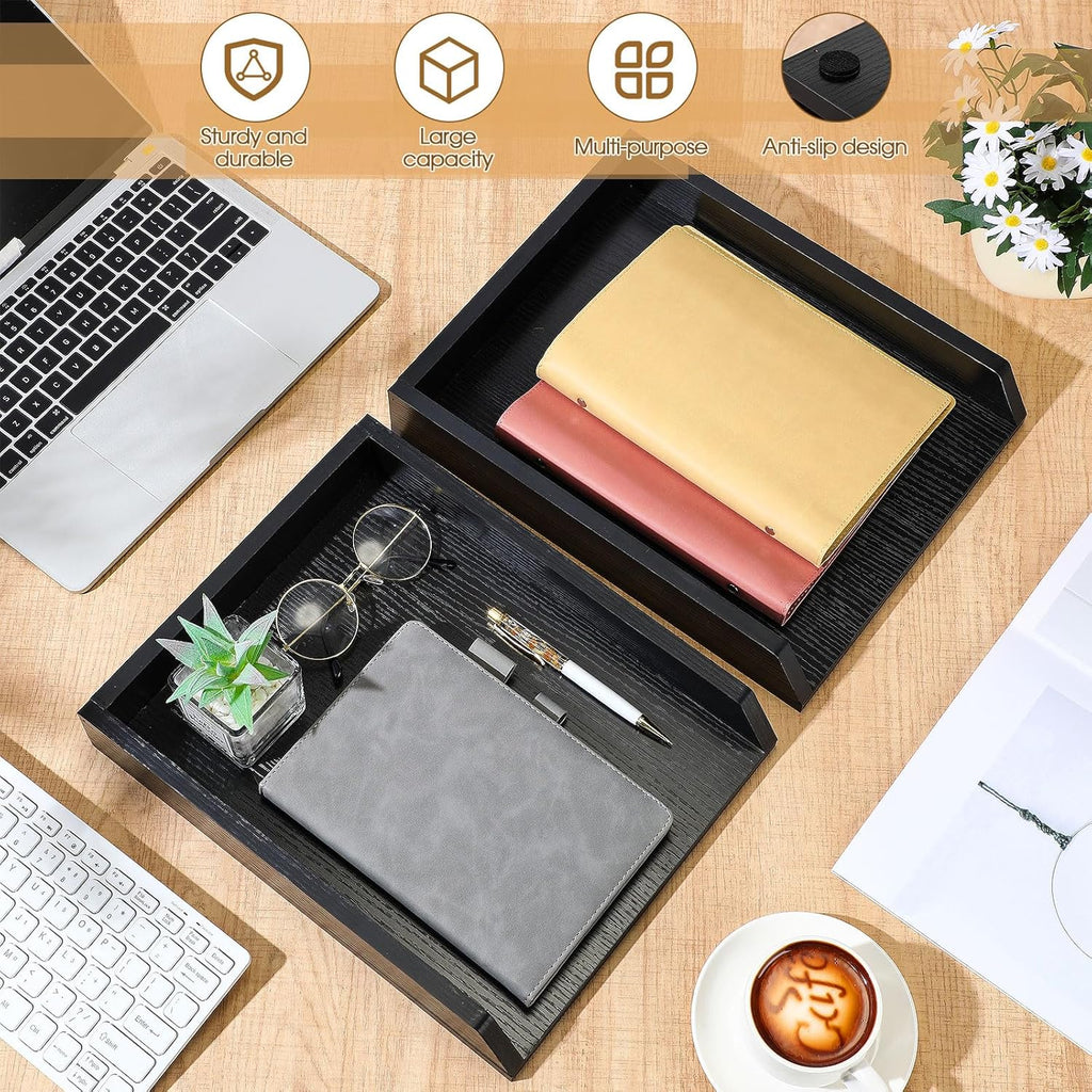 4 Pcs Wooden Letter Trays Wood Letter-Size Desk Organizer Heavy Duty 2 Tier Stackable Supports Paper Tray Desktop Drawer Organizer File Folder Magazine Office Accessories (Black)