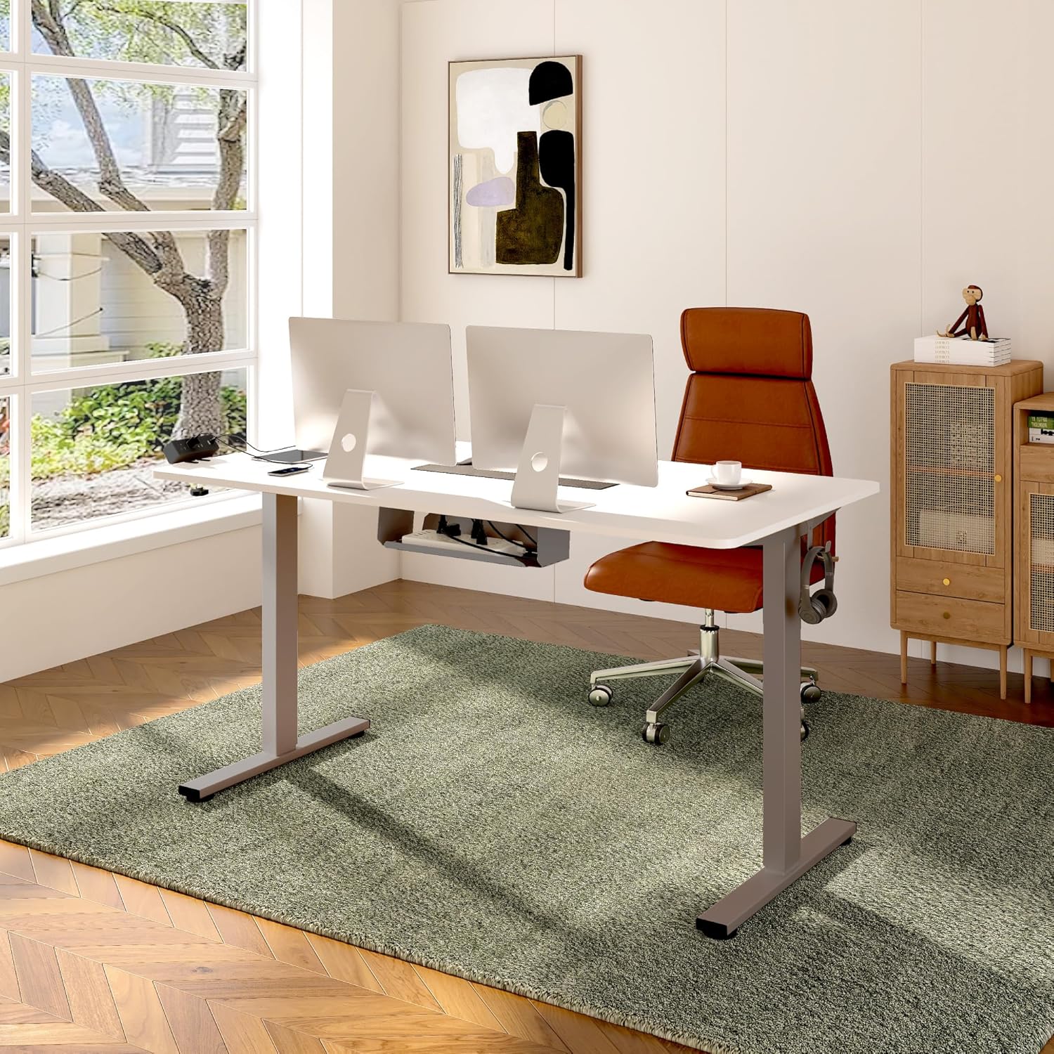 FLEXISPOT EN2 Whole-Piece Standing Desk with Clamp Power Strip, 55 x 28 Electric Stand Up Height Adjustable Desk with Cable Management (Gray Frame + 55" White Top, 2 Packages)