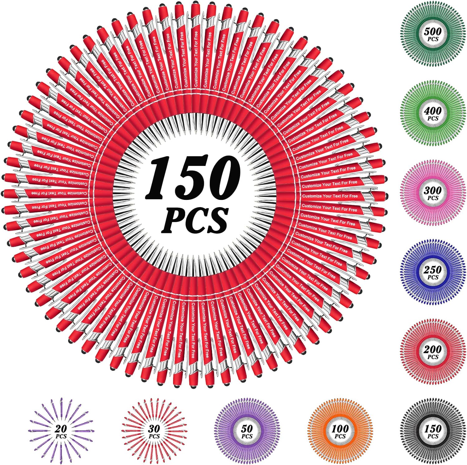 Max 500 Pcs Personalized Pens Bulk, Custom Pens with Free Engraving, Customized Stylus Tip Ballpoint Pen with Your Name Massage Text for School Office Business Graduation Anniversaries-150 Packs