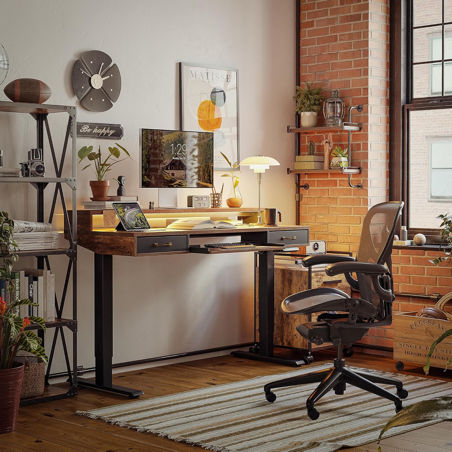 FEZIBO 55 x 24 Inch Height Adjustable Electric Standing Desk with Double Drawer, Stand Up Desk with Storage Shelf, Rustic Brown