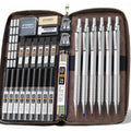 30PCS Silver Metal Mechanical Pencil Set in Leather Case, 0.5/0.7/0.9/2.0mm Art Drafting Pencils with 16 Tubes Graphite Leads (6B 4B 2B HB 2H 4H) & Colored Refills for Sketching, Drawing, Writing