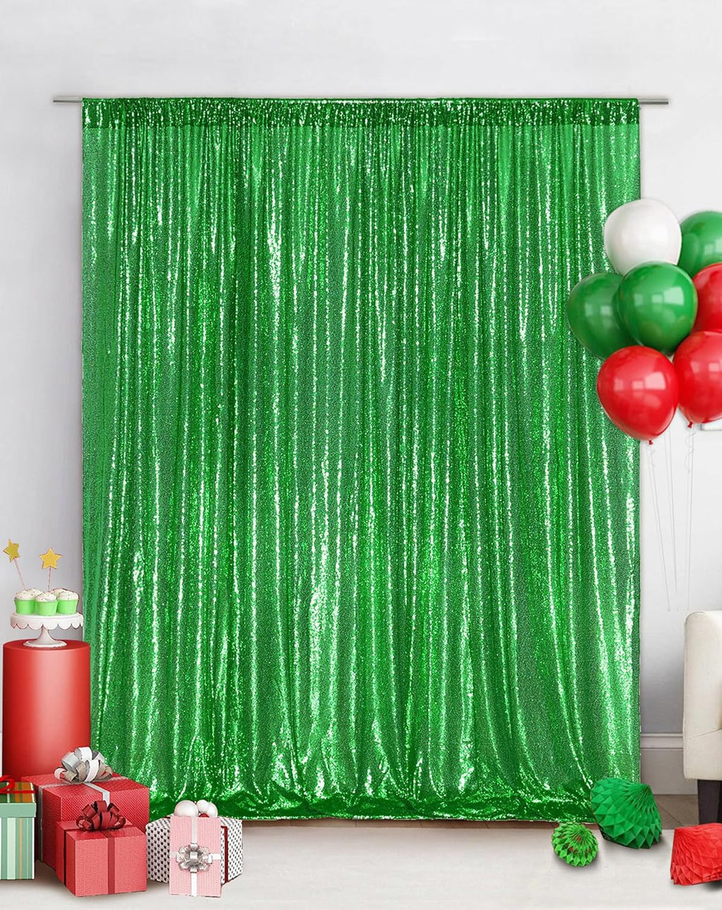 Eternal Beauty Green Sequin Backdrop, 8x10 Ft Glitter Background Curtains for Christmas Shimmer Photography Party Wedding Birthday Back Drop Decor
