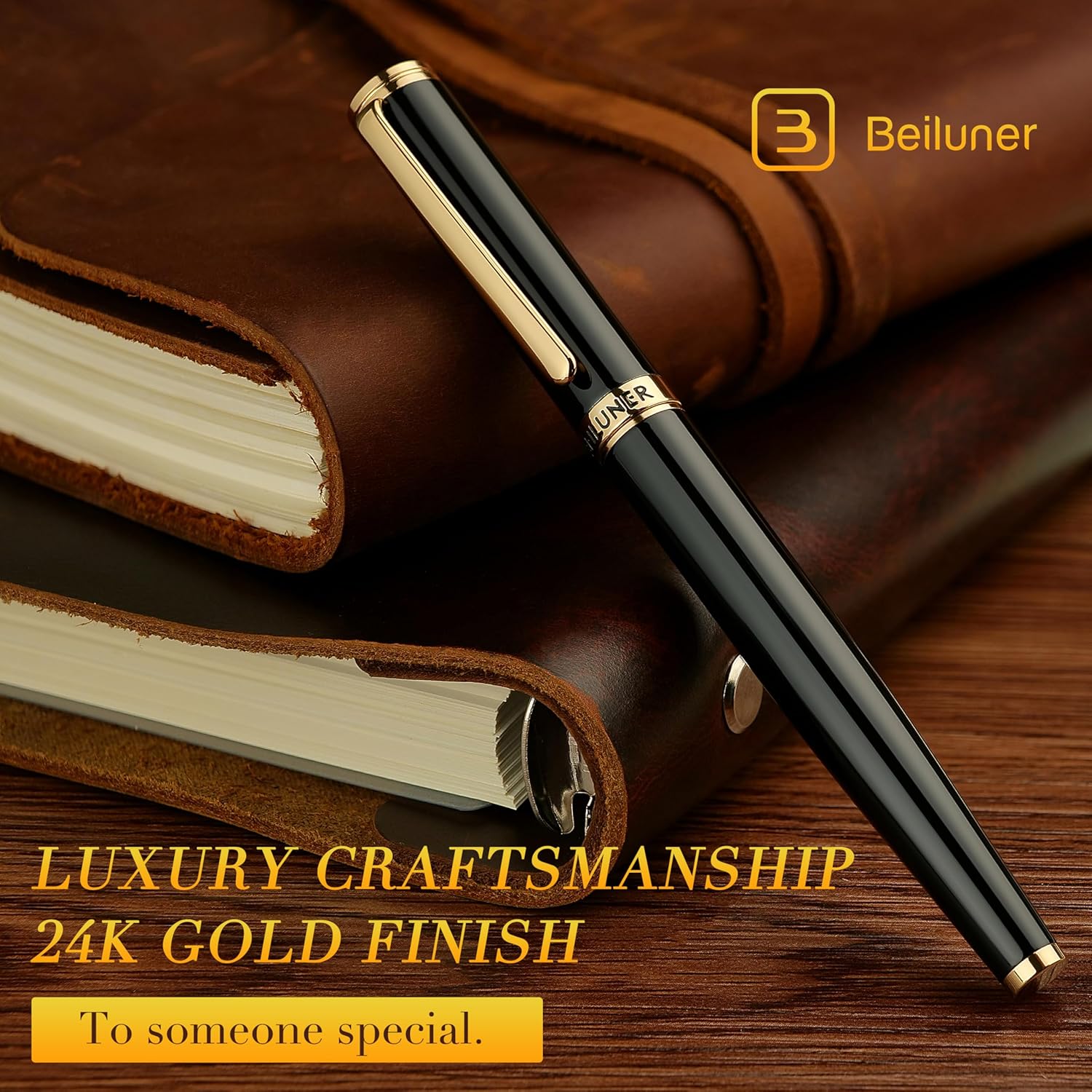 BEILUNER Black Fountain Pen,Stunning Luxury Piano Lacquer,24K Gilded Nib(Fine),Gorgeous 24K Gold Finish, Ink Converter,Trustworthy Gift for Men&Women-Elegant, Reliable,Executive,Nice Pens for Writing