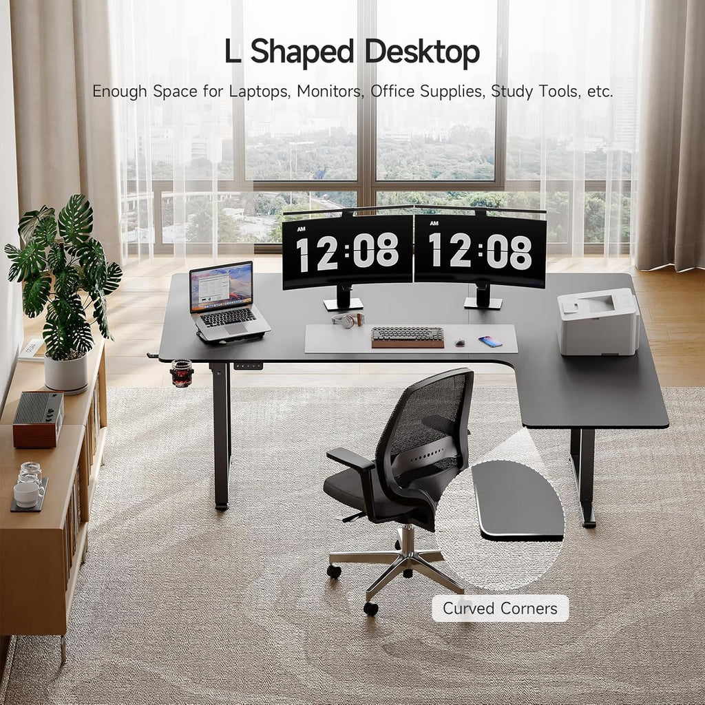 L Shaped Standing Desk, 63x43 Inches Electric L Stand Up Desk with 4 Legs, Dual Motor and Memory Controller, Adjustable Height from 28-46 Inches for Home and Computer Workstation, Black