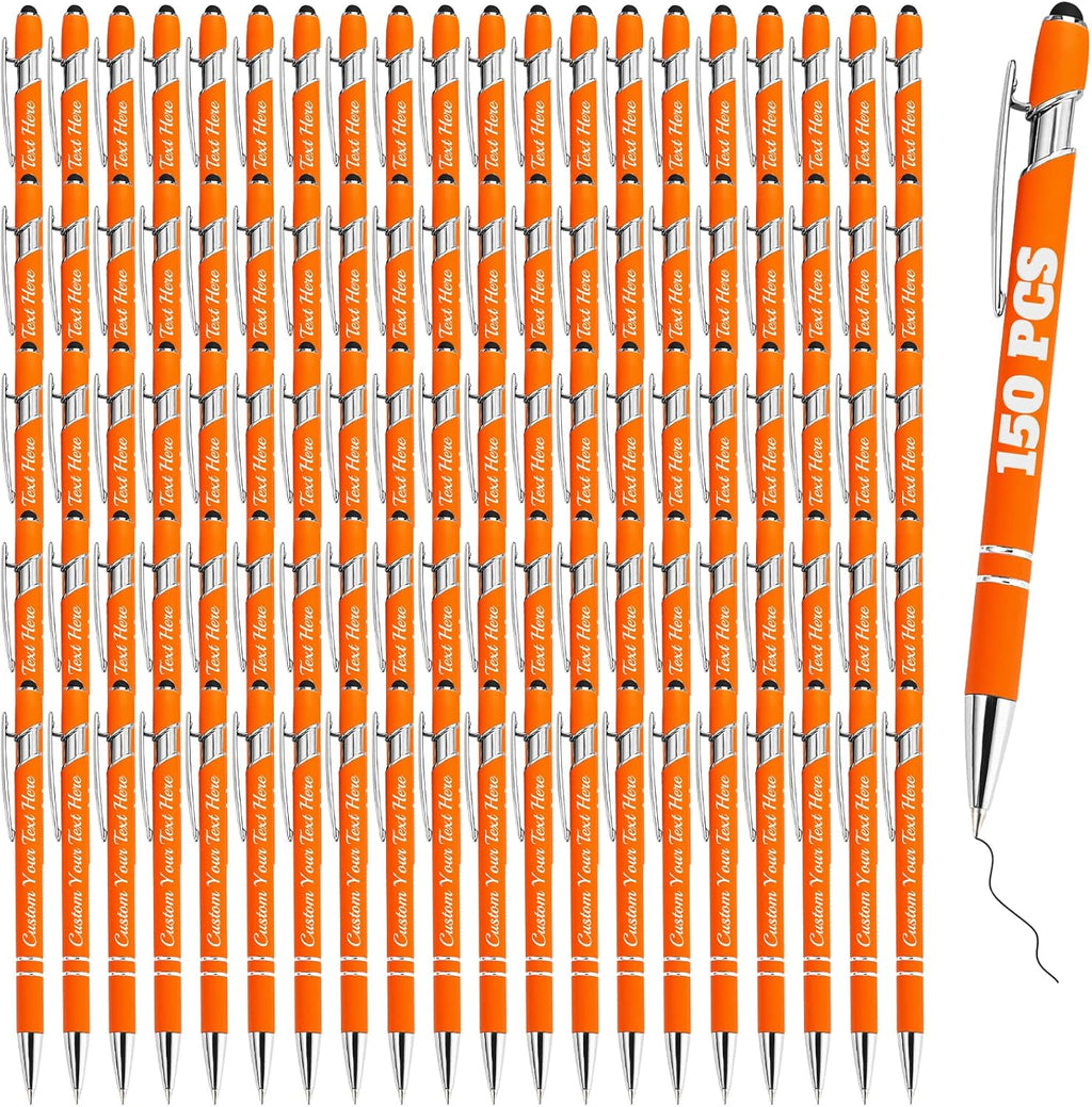 Personalized Pens Bulk 150 with Name Custom Engraving Ballpoint Pens with Stylus Tip Customized Smooth Writing Pens Personalized Gifts for Anniversary Birthday or Graduation(Orange,Black Ink)