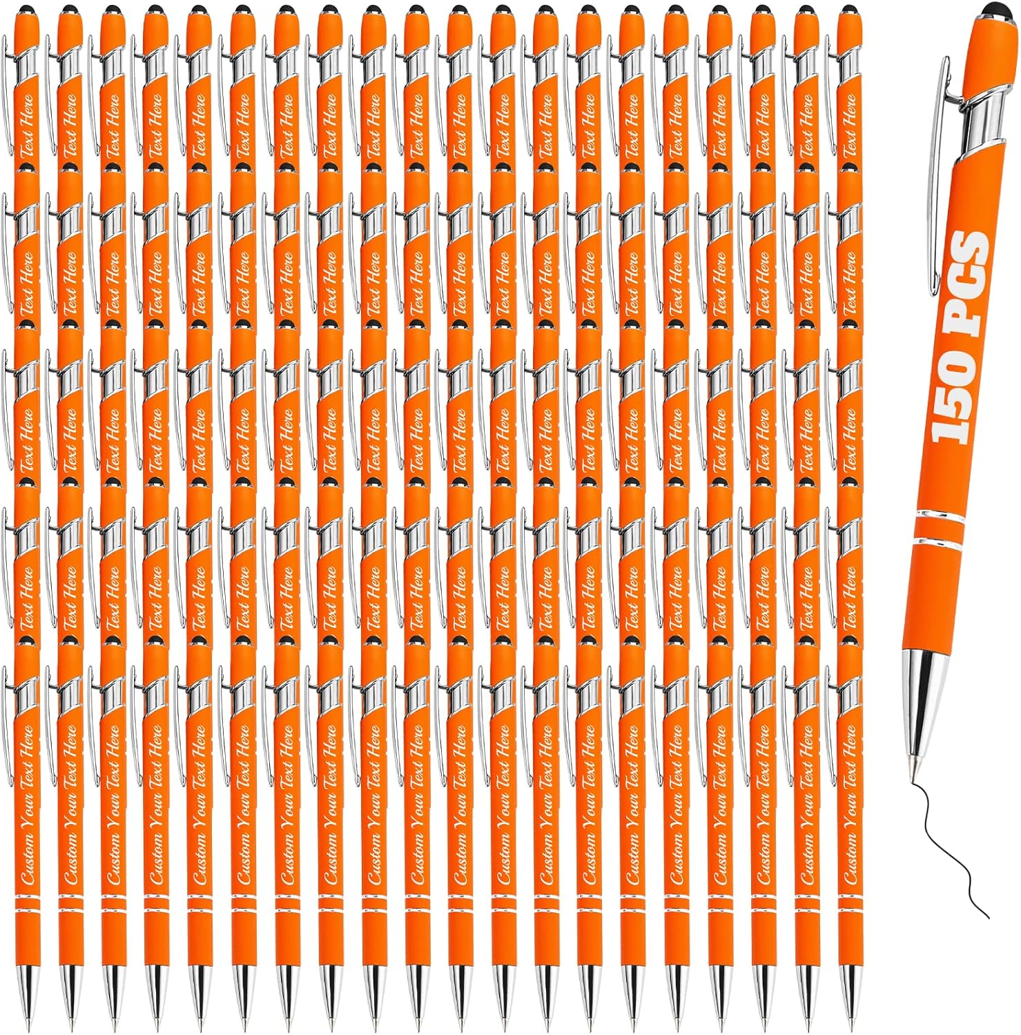 Personalized Pens Bulk 150 with Name Custom Engraving Ballpoint Pens with Stylus Tip Customized Smooth Writing Pens Personalized Gifts for Anniversary Birthday or Graduation(Orange,Black Ink)