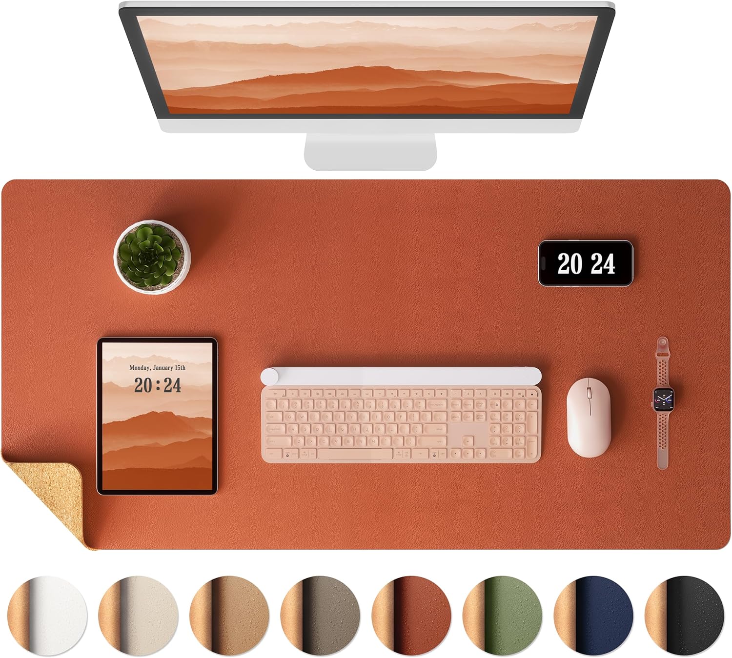Aothia Dual-Sided Desk Mat - Leather & Cork Desk Protector, Large Mouse Pad & Writing Pad for Office/Home, Maple Brown (37.8"x17")