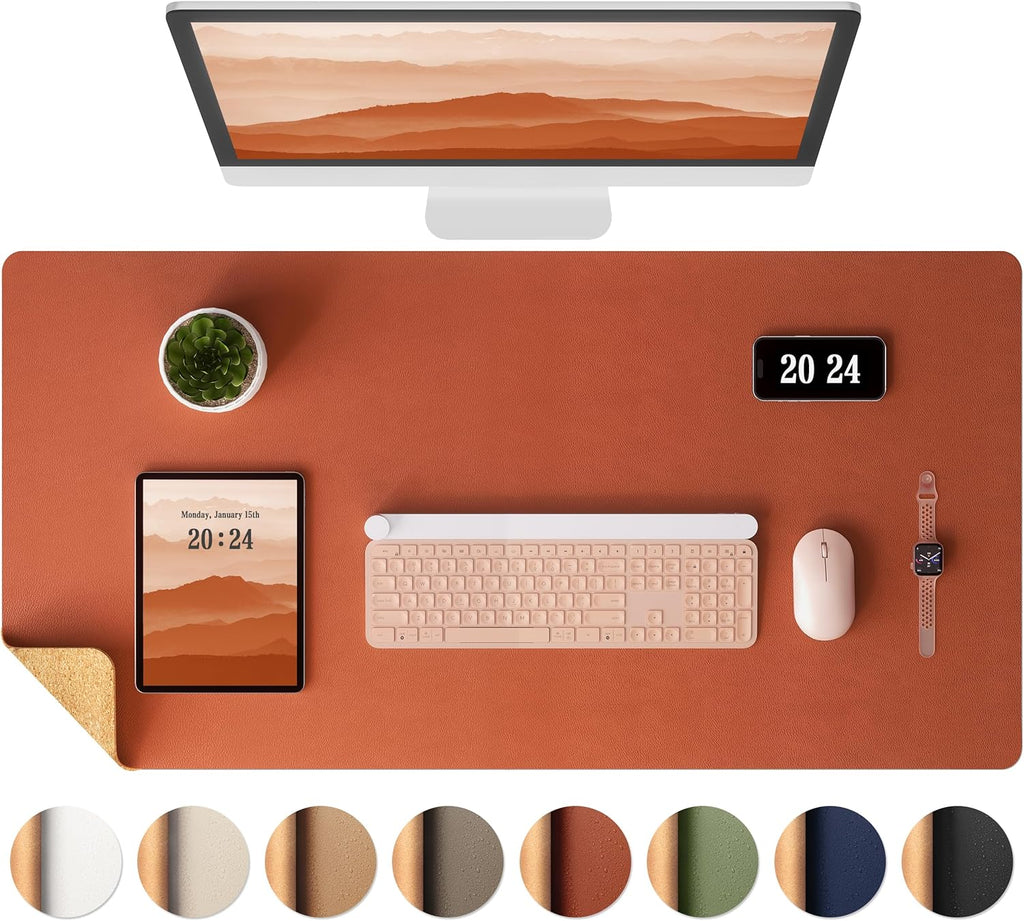 Aothia Dual-Sided Desk Pad - Leather Desk Mat, Natural Cork Desk Pad Protector, Large Mouse Pad for Desk, Waterproof Desk Blotter Pad, Desk Writing Pad for Office Work/Home, Maple Brown(35.4" x 15.7")