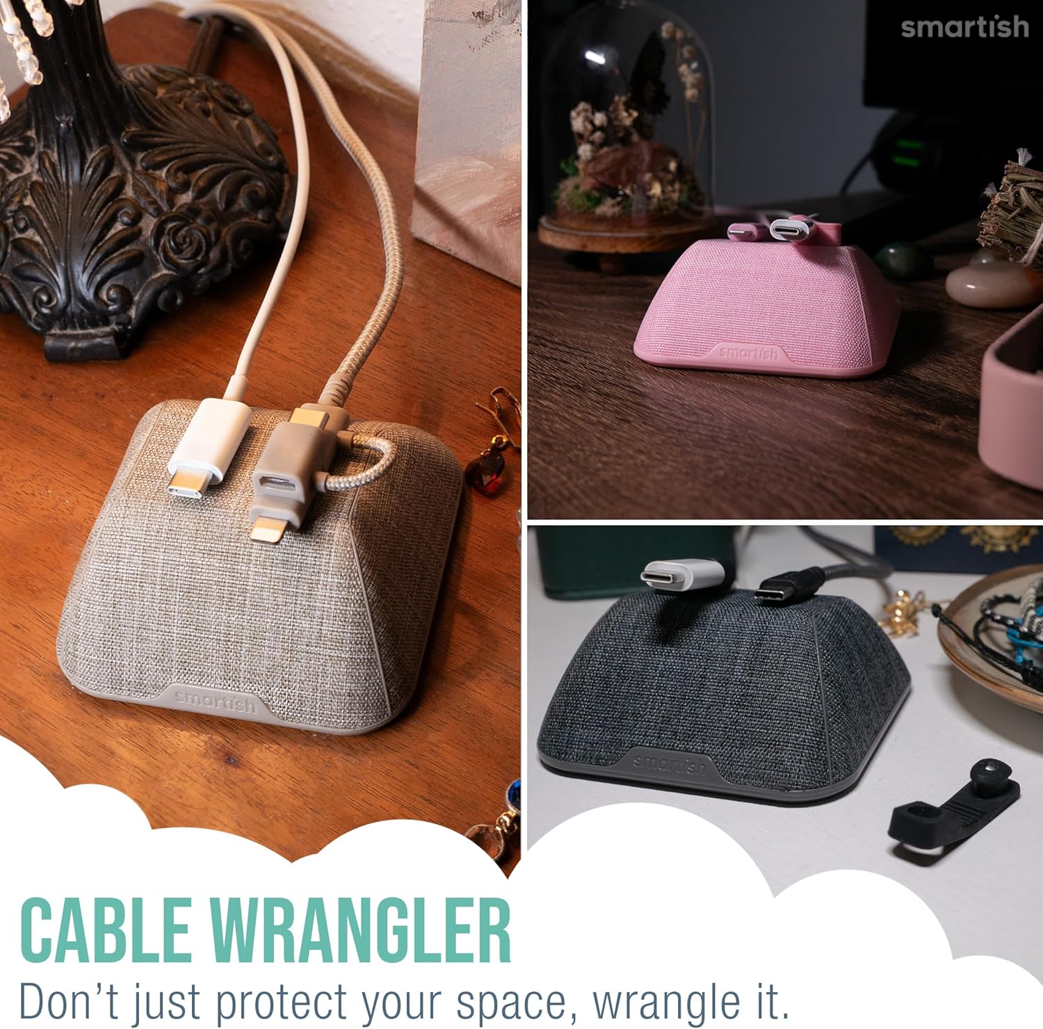 Smartish® Magnetic Cord Holder - Cable Wrangler Organizer with Magnet Clips for Charger Management on Desktop, Nightstand, or Side Table for All Cables, USB-C, Lightning Cables - Blue Jeanie
