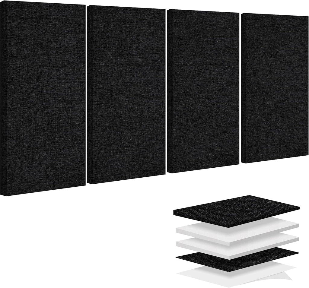 BUBOS 4 PCS Acoustic Panels,23.6''x11.8''Fabric Soundproof Wall Panels,Self-adhesive Sound Absorbing Panels for Studios, Office, Home Theater,Fabric-Clad Matte Black