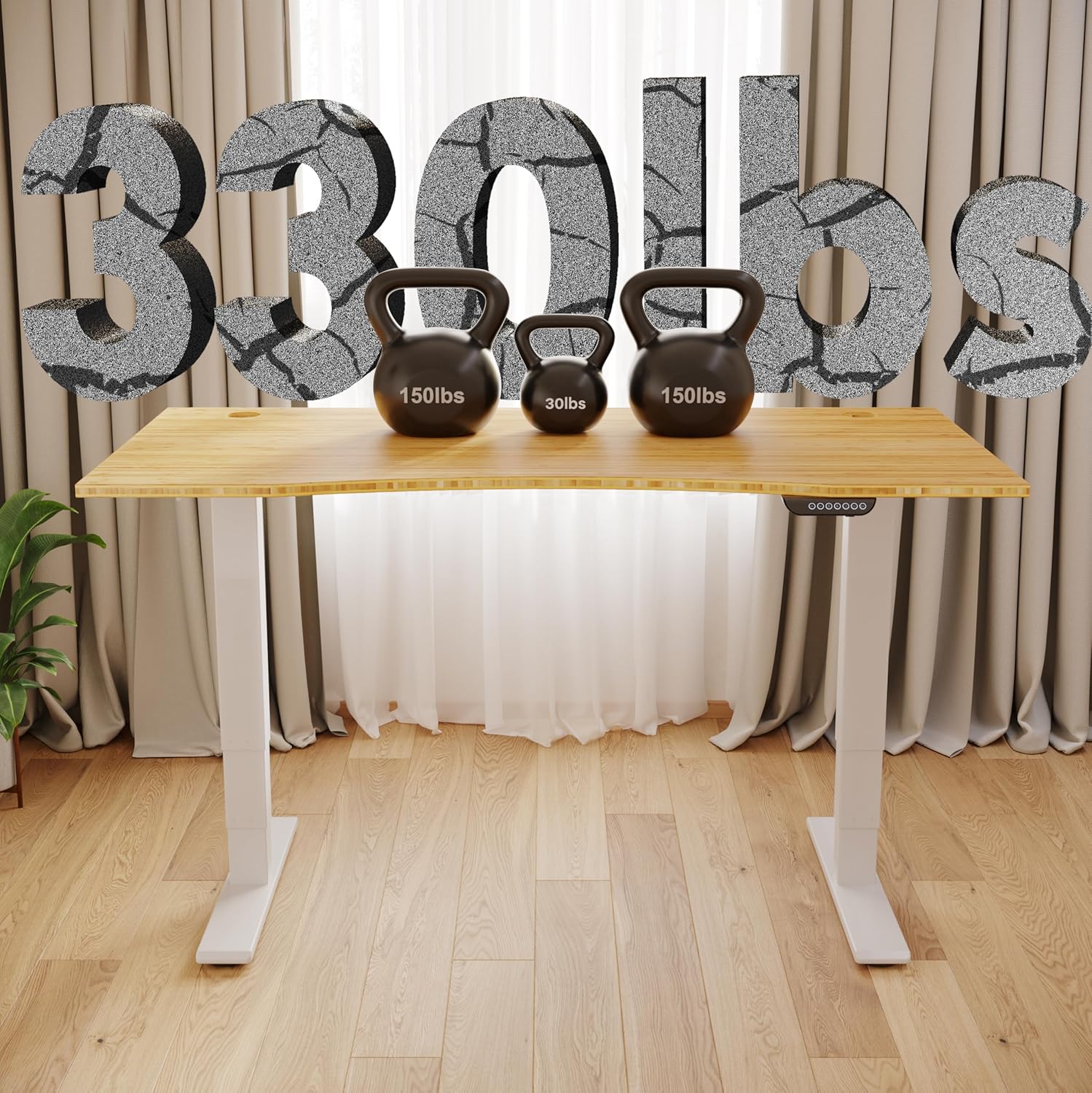 FLEXISPOT E6 MAX Bamboo Dual Motor 3 Stages Standing Desk 72x30 Inch Whole-Piece Board Electric Height Adjustable Stand Up Desk 150KG Load Capacity(White Frame + Bamboo Curved Desktop)