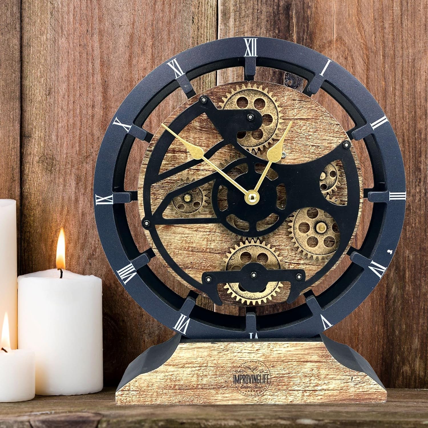 The Gears Clock Desk Clock 10 inches with Real Moving Gears Convertible into Wall Clock (Vintage Brown)