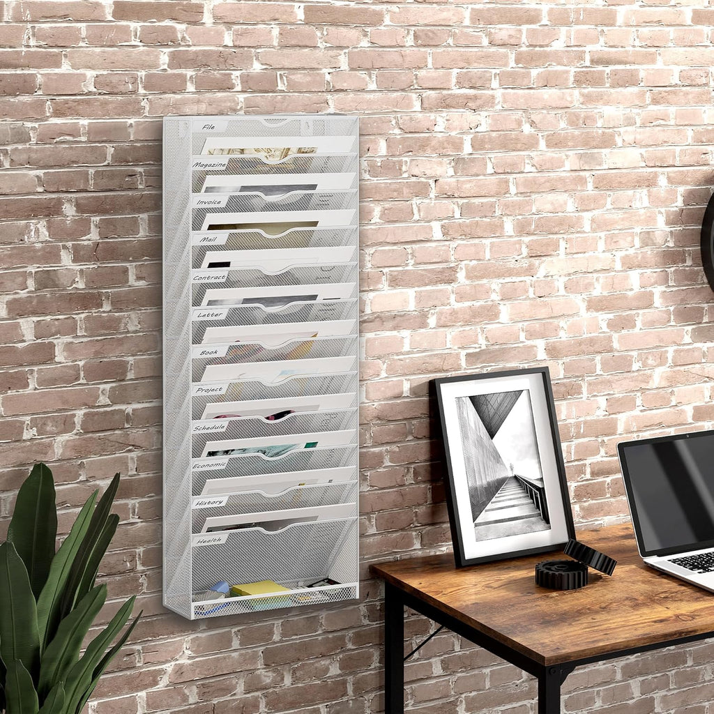 13 Tier Hanging Wall File Holder, Metal A4 Wall Mounted Document Holder, Vertical Hanging Mail Organizer, Magazine Storage Rack with Tray for Office Home Classroom, White