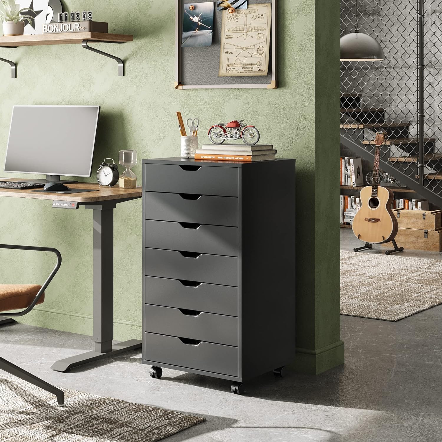 DEVAISE 7-Drawer Chest, Wood File Cabinet with Wheels, Black