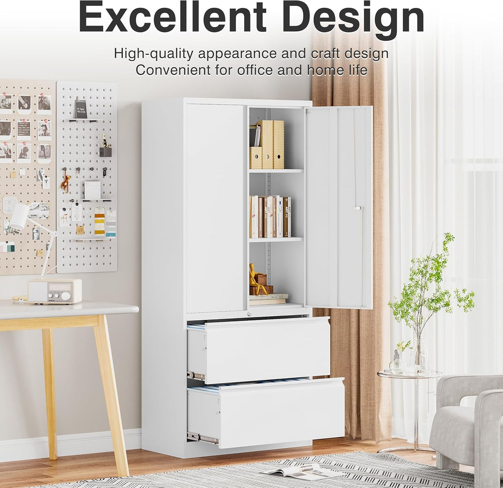 SISESOL 2 Drawer Lateral File Cabinet with Lock and Shelf,71" White Filing Storage Cabinet with Doors,Locking Metal Storage Cabinets with Drawers for Home,Office,Garage,School,Fit A4/Letter/Legal File