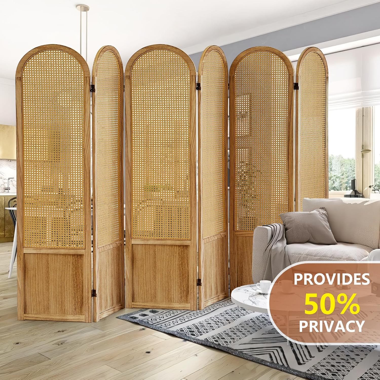 6 Panel Room Divider and Folding Privacy Screen, 5.6 Ft Foldable Double Hinged Rattan Partition, Hand-Woven Rattan Room Divider Portable Wood Freestanding Wall Divider for Room Separation - Natural
