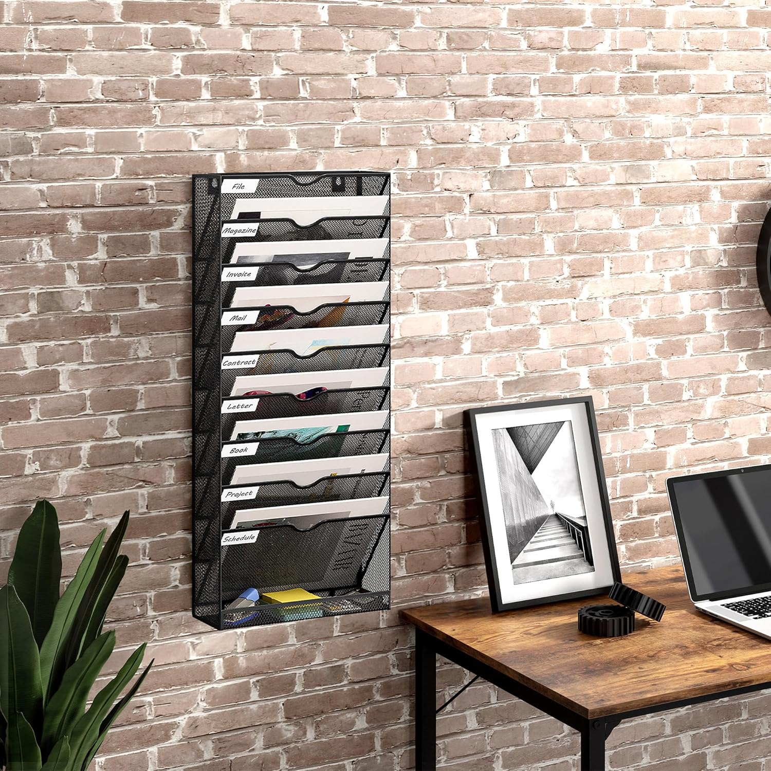 10 Tier Hanging Wall File Holder, Metal A4 Wall Mounted Document Holder, Vertical Hanging Mail Organizer, Magazine Storage Rack With Tray For Office Home Classroom, Black