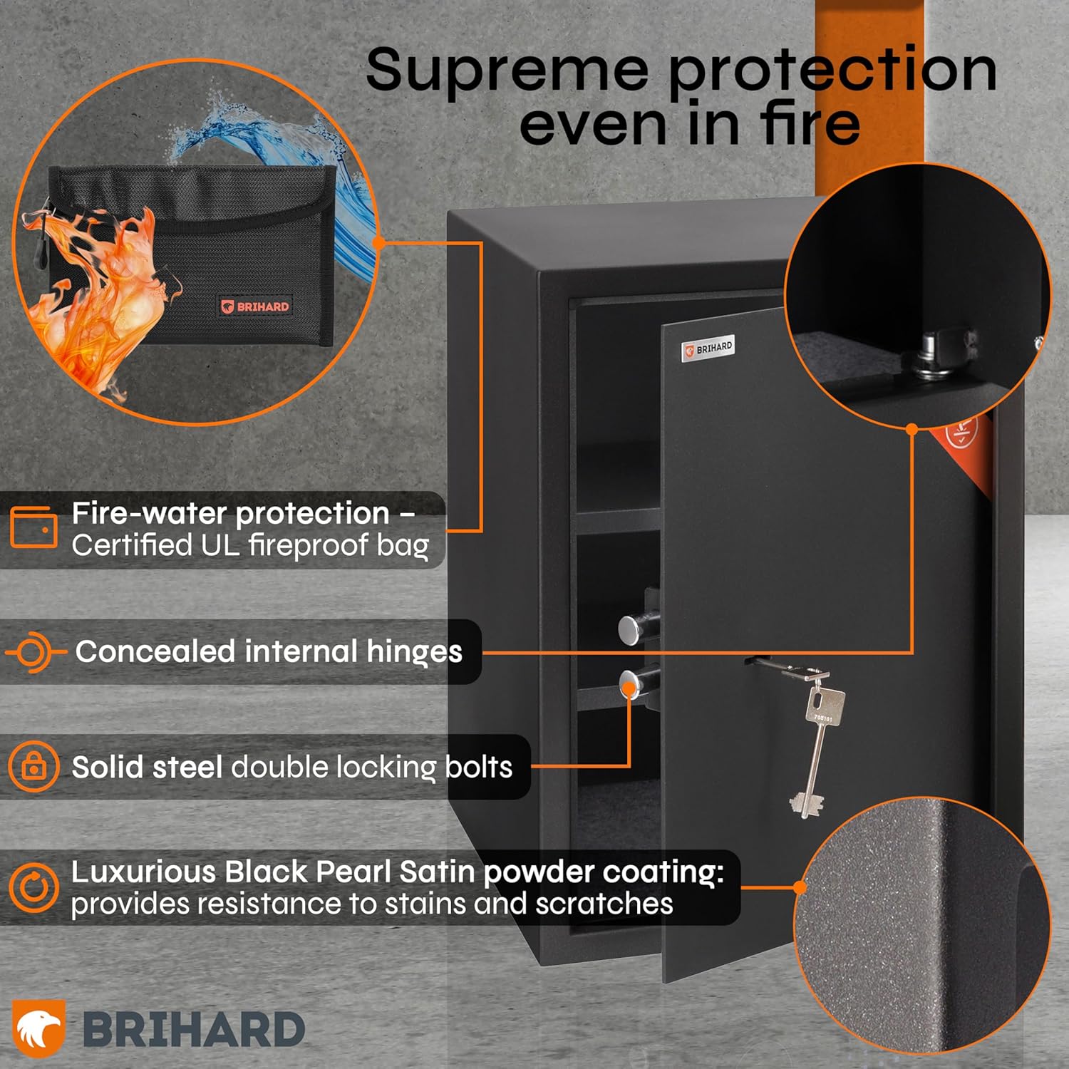Business XL Key Lock Safe 19.69"H x 13.78"W x 14.17"D with Fireproof Bag, Large Office Safe 2.12 Cubic Feet for Documents A4 with 2 Height-Adjustable Shelves, Key Safe Box for Money & Jewelry