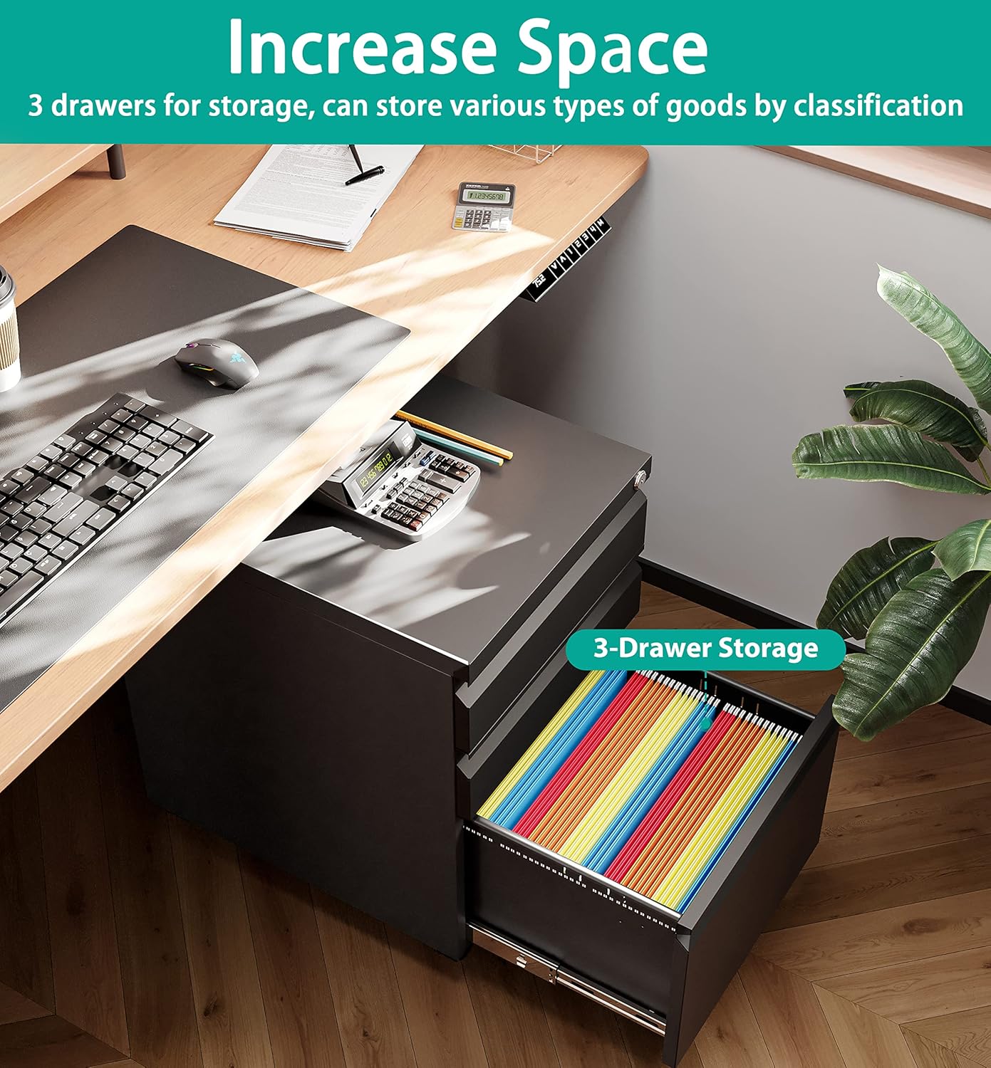 SISESOL 3 Drawer Mobile File Cabinet with Lock,Black Under Desk File Cabinets with Wheels,Rolling Metal Filing Cabinet for Home Office,Fit Legal/Letter/a4 File,Fully Assembled Except Caster