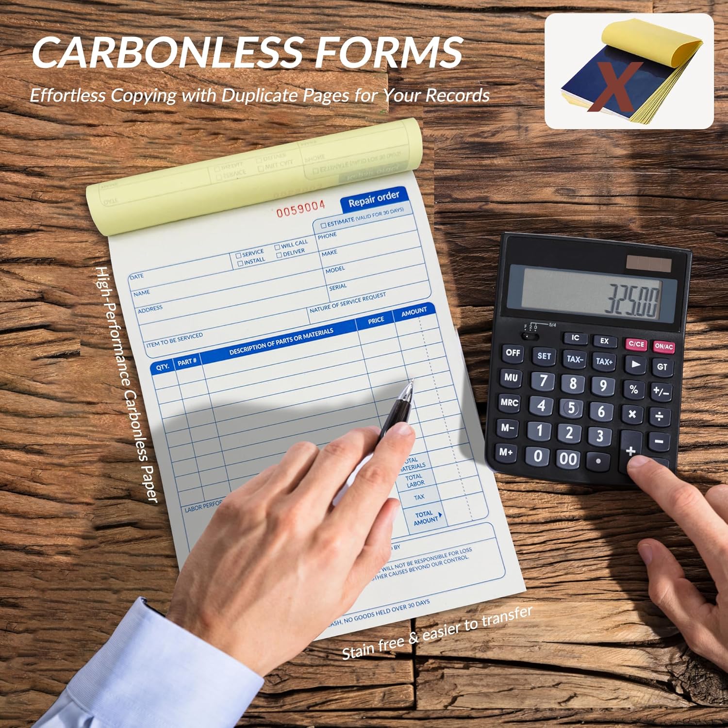 Repair Order Book, 2 Part Carbonless Job Work Order Forms - White/Yellow, 5-7/10 x 8-1/4 Inches, Invoice Receipt Book for Small Business, Consecutively Numbered, 200 Sets (4 Packs)