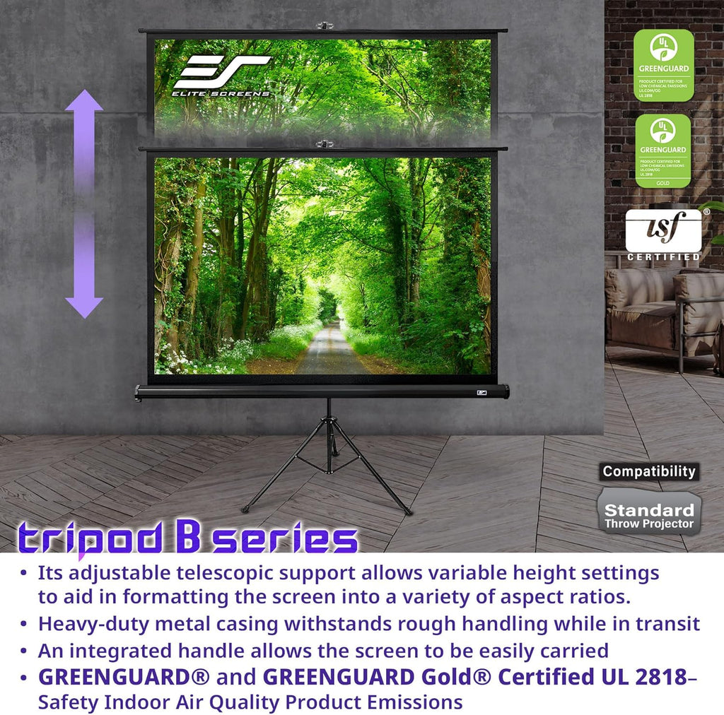 Elite Screens TRIPOD B, 113-INCH, 1:1, Lightweight Pull Up Foldable Stand, Manual, Movie Home Theater Projector Screen, 4K / 8K Ultra HDR 3D Ready, US Based Company 2-YEAR WARRANTY, T113SB, black