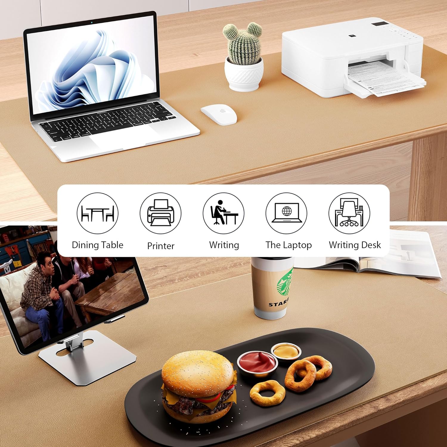 Aothia Dual-Sided Desk Mat - Leather & Cork Desk Protector, Large Mouse Pad & Writing Pad for Office/Home, Waterproof, Apricot (35.4" x 15.7")